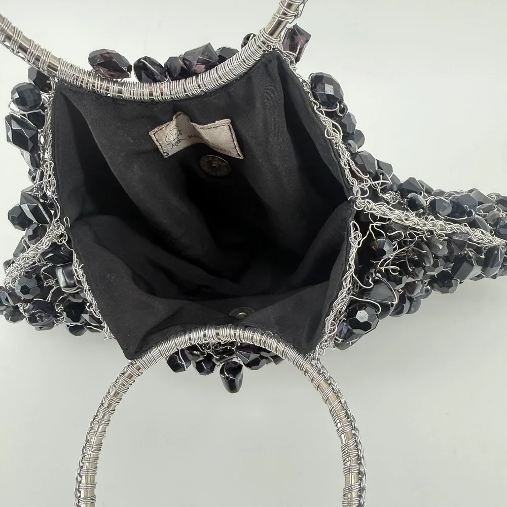 La Chica Chic Black Beaded Wire Evening‎ Bag Silver Ring Handle Made in Brazil